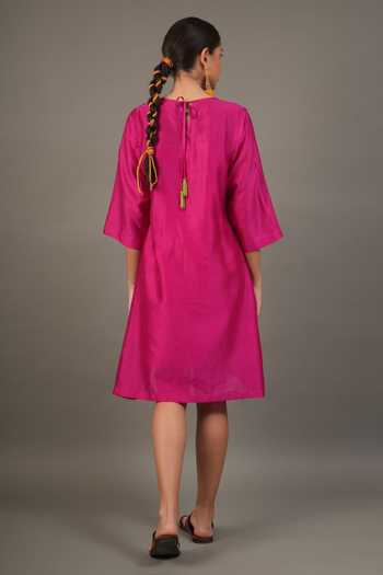 Shop_Myoho_Fuchsia Chanderi Beads, Applique Round Neck Hand Embroidered Pure Dress _at_Aza_Fashions
