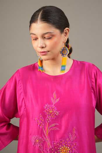 Buy_Myoho_Fuchsia Chanderi Beads, Applique Round Neck Hand Embroidered Pure Dress _Online_at_Aza_Fashions