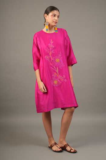 Shop_Myoho_Fuchsia Chanderi Beads, Applique Round Neck Hand Embroidered Pure Dress _Online_at_Aza_Fashions