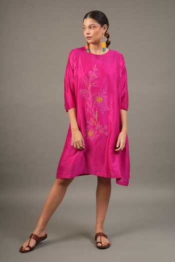 Myoho_Fuchsia Chanderi Beads, Applique Round Neck Hand Embroidered Pure Dress _at_Aza_Fashions