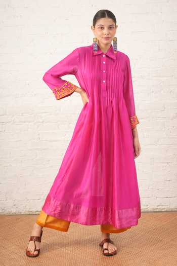 Myoho_Fuchsia Chanderi Embroidery, Beads Collared, Yes Hand Pintuck Kurta And Pant Set _Online_at_Aza_Fashions