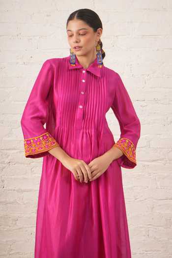 Buy_Myoho_Fuchsia Chanderi Embroidery, Beads Collared, Yes Hand Pintuck Kurta And Pant Set _Online_at_Aza_Fashions