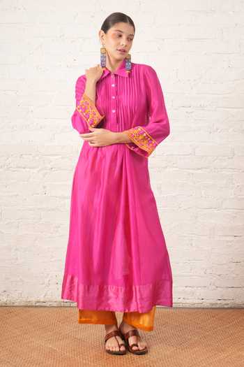 Shop_Myoho_Fuchsia Chanderi Embroidery, Beads Collared, Yes Hand Pintuck Kurta And Pant Set _at_Aza_Fashions