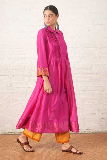 Shop_Myoho_Fuchsia Chanderi Embroidery, Beads Collared, Yes Hand Pintuck Kurta And Pant Set _Online_at_Aza_Fashions