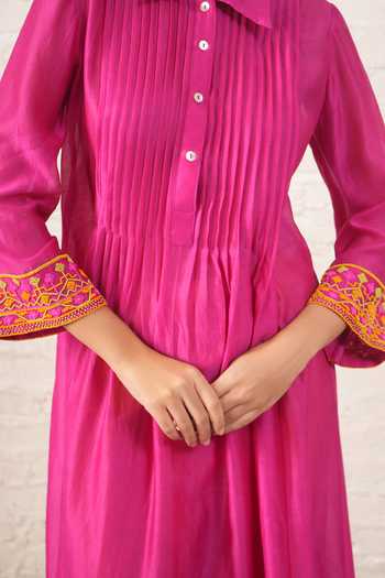 Myoho_Fuchsia Chanderi Embroidery, Beads Collared, Yes Hand Pintuck Kurta And Pant Set _at_Aza_Fashions