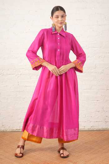 Buy_Myoho_Fuchsia Chanderi Embroidery, Beads Collared, Yes Hand Pintuck Kurta And Pant Set _at_Aza_Fashions