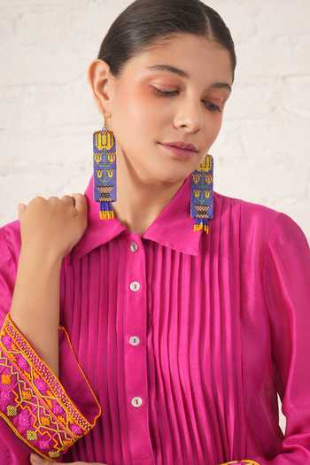 Shop_Myoho_Fuchsia Chanderi Embroidery, Beads Collared, Yes Hand Pintuck Kurta And Pant Set 