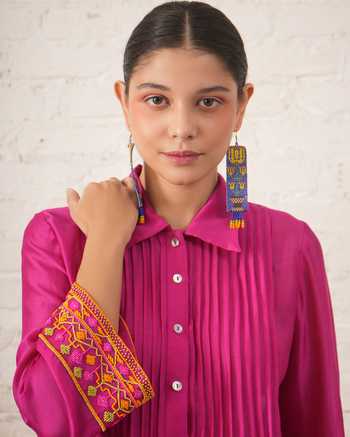 Myoho_Fuchsia Chanderi Embroidery, Beads Collared, Yes Hand Pintuck Kurta And Pant Set _Online