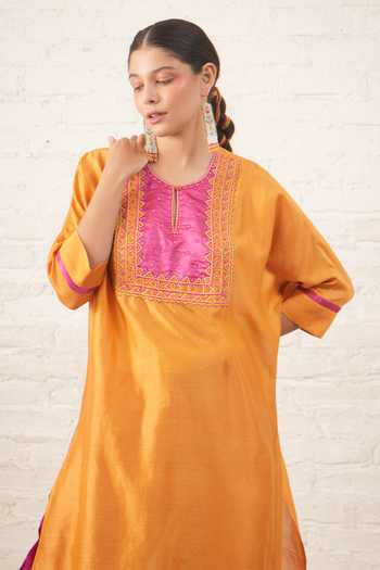 Myoho_Yellow Chanderi Embroidery, Beads Round Neck Contrast Yoke Kurta And Pant Set _Online_at_Aza_Fashions
