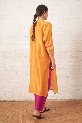 Shop_Myoho_Yellow Chanderi Embroidery, Beads Round Neck Contrast Yoke Kurta And Pant Set _at_Aza_Fashions