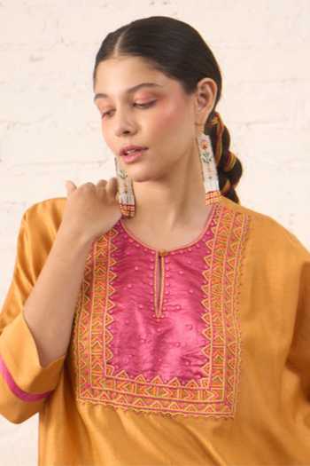 Buy_Myoho_Yellow Chanderi Embroidery, Beads Round Neck Contrast Yoke Kurta And Pant Set _Online_at_Aza_Fashions