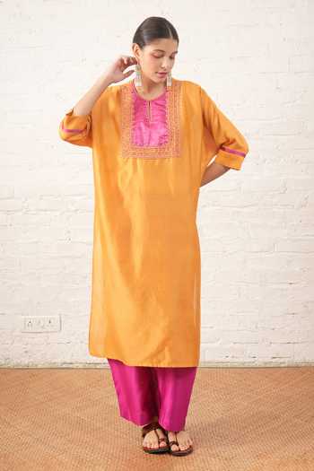 Buy_Myoho_Yellow Chanderi Embroidery, Beads Round Neck Contrast Yoke Kurta And Pant Set _at_Aza_Fashions