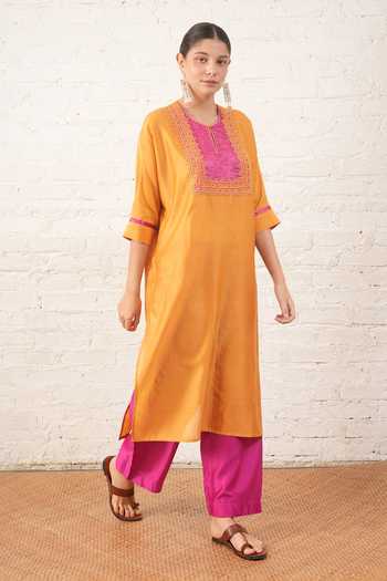 Shop_Myoho_Yellow Chanderi Embroidery, Beads Round Neck Contrast Yoke Kurta And Pant Set _Online_at_Aza_Fashions