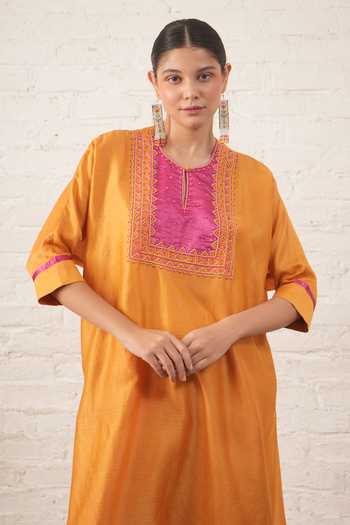 Myoho_Yellow Chanderi Embroidery, Beads Round Neck Contrast Yoke Kurta And Pant Set _at_Aza_Fashions