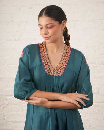Myoho_Teal Chanderi Embroidery, Beads V-neck, Yes Hand Pure Kurta And Pant Set _Online_at_Aza_Fashions