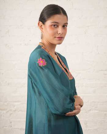 Buy_Myoho_Teal Chanderi Embroidery, Beads V-neck, Yes Hand Pure Kurta And Pant Set _Online_at_Aza_Fashions