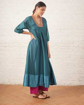 Shop_Myoho_Teal Chanderi Embroidery, Beads V-neck, Yes Hand Pure Kurta And Pant Set _Online_at_Aza_Fashions