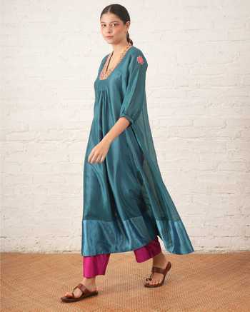 Myoho_Teal Chanderi Embroidery, Beads V-neck, Yes Hand Pure Kurta And Pant Set _at_Aza_Fashions