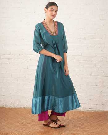 Buy_Myoho_Teal Chanderi Embroidery, Beads V-neck, Yes Hand Pure Kurta And Pant Set _at_Aza_Fashions