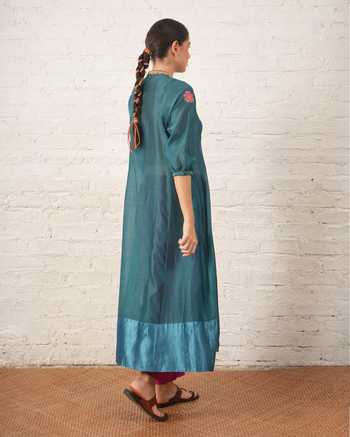 Shop_Myoho_Teal Chanderi Embroidery, Beads V-neck, Yes Hand Pure Kurta And Pant Set _at_Aza_Fashions