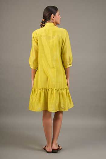 Shop_Myoho_Green Chanderi Embroidery, Beads Collared Silk Short Dress _at_Aza_Fashions
