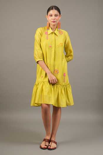 Myoho_Green Chanderi Embroidery, Beads Collared Silk Short Dress _Online_at_Aza_Fashions