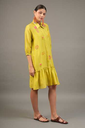 Buy_Myoho_Green Chanderi Embroidery, Beads Collared Silk Short Dress _Online_at_Aza_Fashions