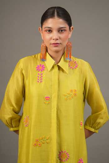 Shop_Myoho_Green Chanderi Embroidery, Beads Collared Silk Short Dress _Online_at_Aza_Fashions