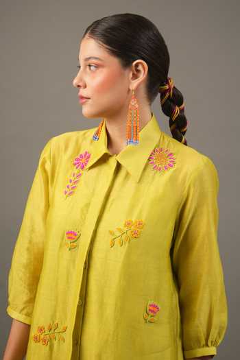 Myoho_Green Chanderi Embroidery, Beads Collared Silk Short Dress _at_Aza_Fashions