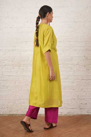 Shop_Myoho_Green Chanderi Embroidery, Beads V-neck Placement Kurta And Pant Set _at_Aza_Fashions