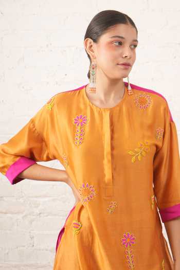 Myoho_Orange Chanderi Embroidery, Beads Round Neck, No Hand Pure Kurta And Pant Set _Online_at_Aza_Fashions