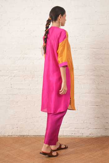 Shop_Myoho_Orange Chanderi Embroidery, Beads Round Neck, No Hand Pure Kurta And Pant Set _at_Aza_Fashions