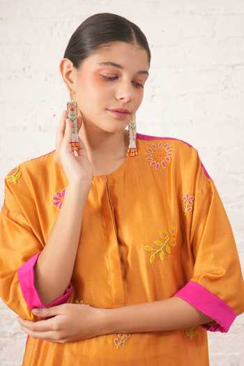 Buy_Myoho_Orange Chanderi Embroidery, Beads Round Neck, No Hand Pure Kurta And Pant Set _Online_at_Aza_Fashions
