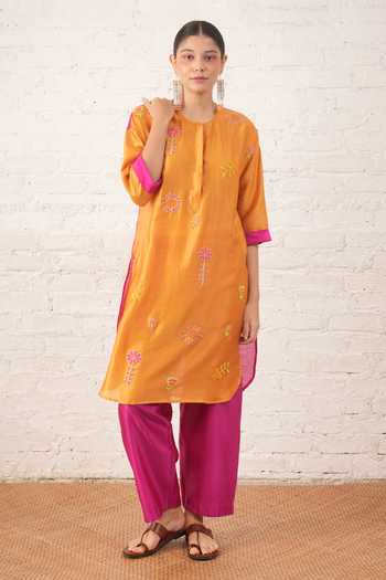Shop_Myoho_Orange Chanderi Embroidery, Beads Round Neck, No Hand Pure Kurta And Pant Set _Online_at_Aza_Fashions