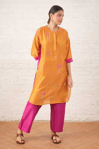 Myoho_Orange Chanderi Embroidery, Beads Round Neck, No Hand Pure Kurta And Pant Set _at_Aza_Fashions