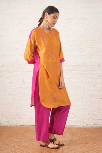 Buy_Myoho_Orange Chanderi Embroidery, Beads Round Neck, No Hand Pure Kurta And Pant Set 