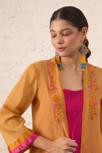 Myoho_Yellow Chanderi Embroidery, Beads Open Neck, Scoop Placement Jacket And Kurta Set _Online_at_Aza_Fashions