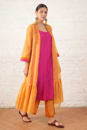Buy_Myoho_Yellow Chanderi Embroidery, Beads Open Neck, Scoop Placement Jacket And Kurta Set _at_Aza_Fashions