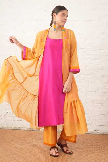 Buy_Myoho_Yellow Chanderi Embroidery, Beads Open Neck, Scoop Placement Jacket And Kurta Set _Online_at_Aza_Fashions