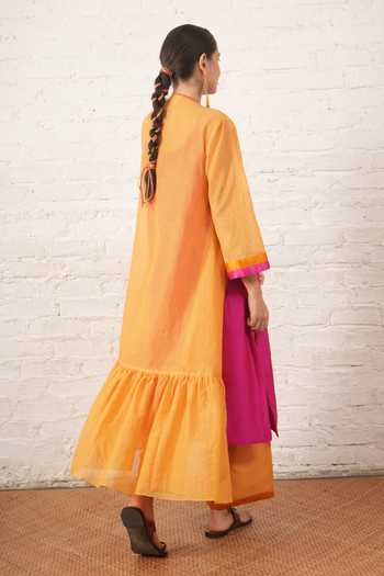 Shop_Myoho_Yellow Chanderi Embroidery, Beads Open Neck, Scoop Placement Jacket And Kurta Set _at_Aza_Fashions