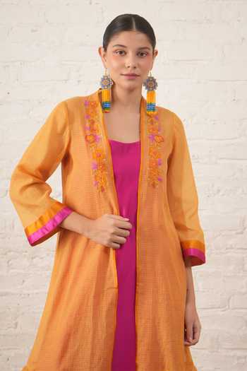 Shop_Myoho_Yellow Chanderi Embroidery, Beads Open Neck, Scoop Placement Jacket And Kurta Set _Online_at_Aza_Fashions