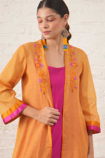 Myoho_Yellow Chanderi Embroidery, Beads Open Neck, Scoop Placement Jacket And Kurta Set _at_Aza_Fashions