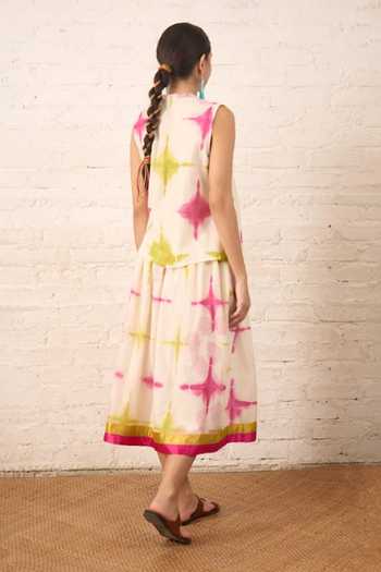 Shop_Myoho_White Chanderi V-neck Clamping Print Top And Skirt Set _at_Aza_Fashions