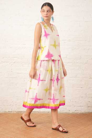 Shop_Myoho_White Chanderi V-neck Clamping Print Top And Skirt Set _Online_at_Aza_Fashions