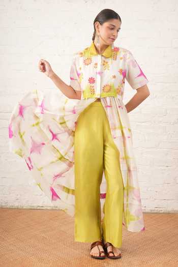 Buy_Myoho_White Chanderi Embroidery, Beads Mandarin Clamping Silk Jacket And Pant Set _Online_at_Aza_Fashions