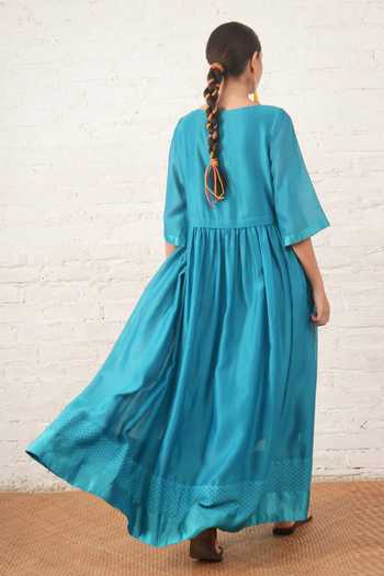 Shop_Myoho_Blue Chanderi Embroidery, Beads, Applique Round Neck Bodice Dress _at_Aza_Fashions