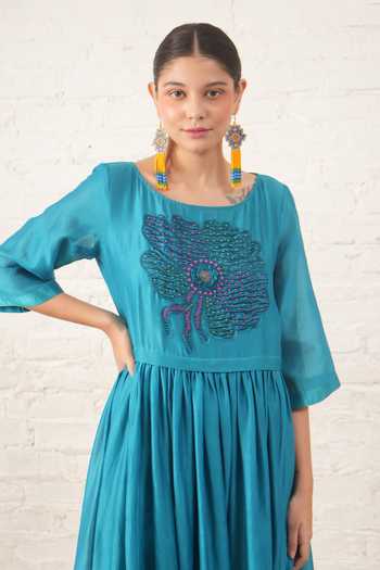 Myoho_Blue Chanderi Embroidery, Beads, Applique Round Neck Bodice Dress _Online_at_Aza_Fashions