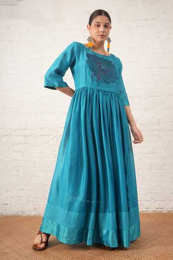 Buy_Myoho_Blue Chanderi Embroidery, Beads, Applique Round Neck Bodice Dress _Online_at_Aza_Fashions