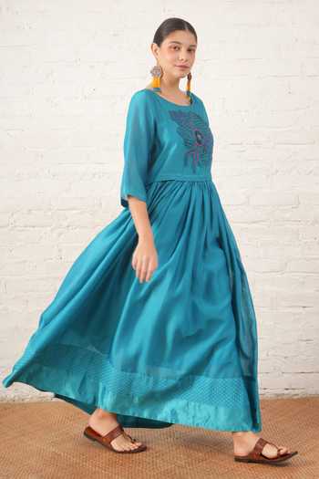 Shop_Myoho_Blue Chanderi Embroidery, Beads, Applique Round Neck Bodice Dress _Online_at_Aza_Fashions