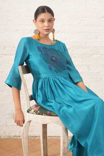 Myoho_Blue Chanderi Embroidery, Beads, Applique Round Neck Bodice Dress _at_Aza_Fashions